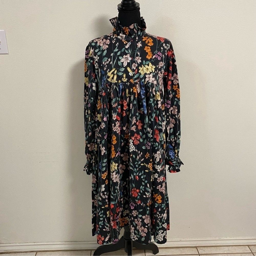 Christina Rohde Dress Women's Size Small Black Floral Ruffle MIDI Dress